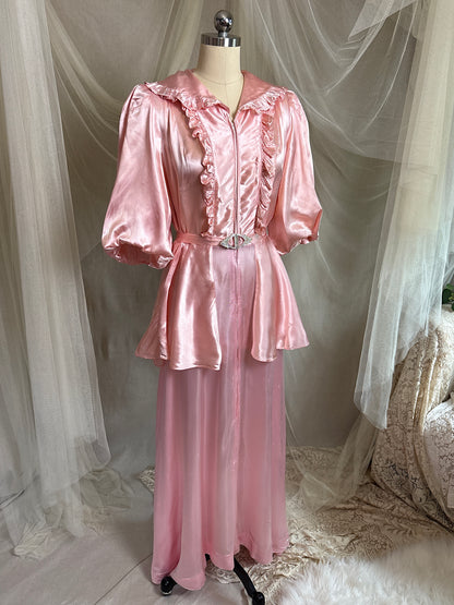 Vintage 1940’s-1950's Dressing Gown - Princess Pink Rayon Satin with Rhinestone Belt | S, M