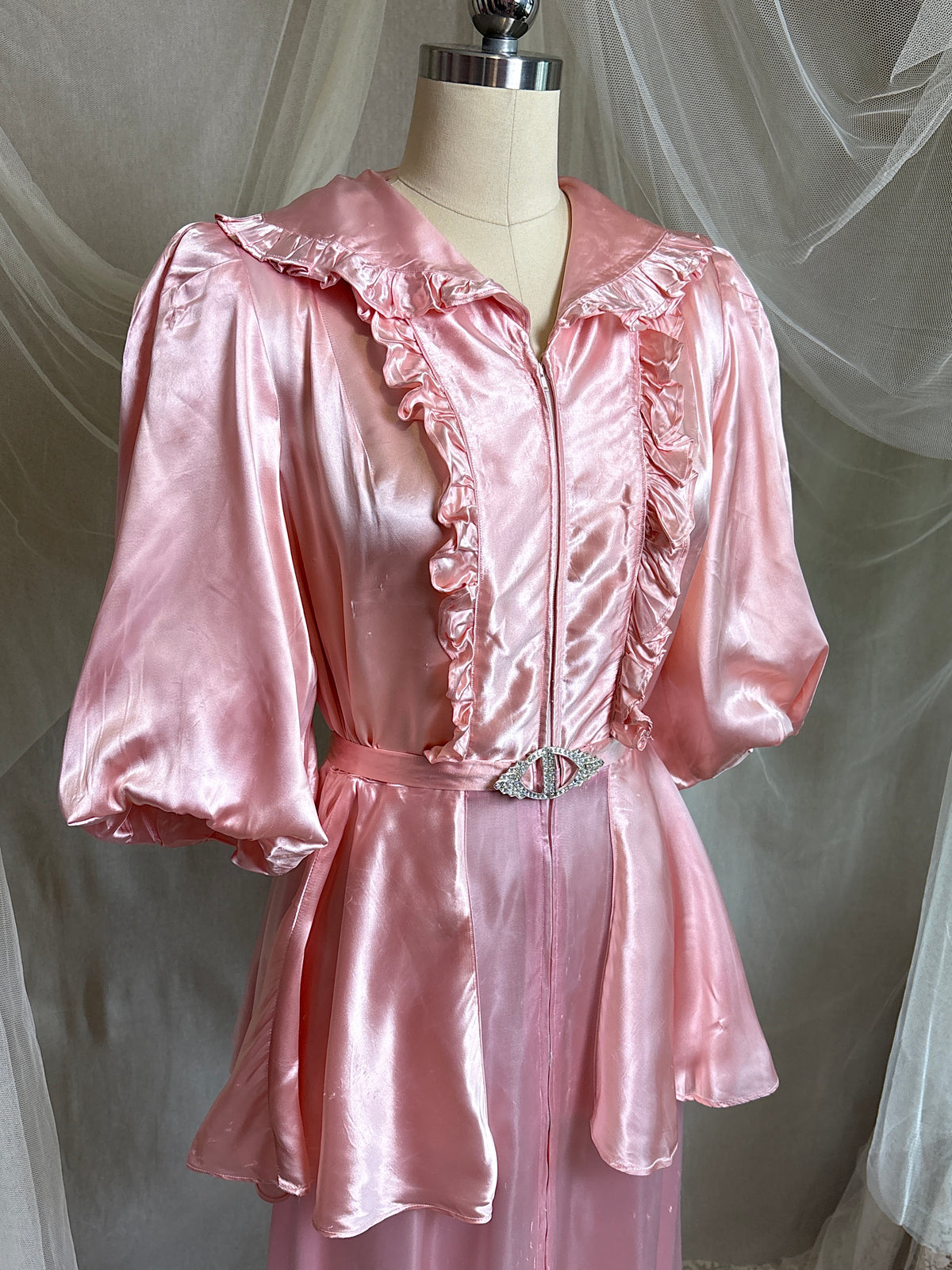 Vintage 1940’s-1950's Dressing Gown - Princess Pink Rayon Satin with Rhinestone Belt | S, M