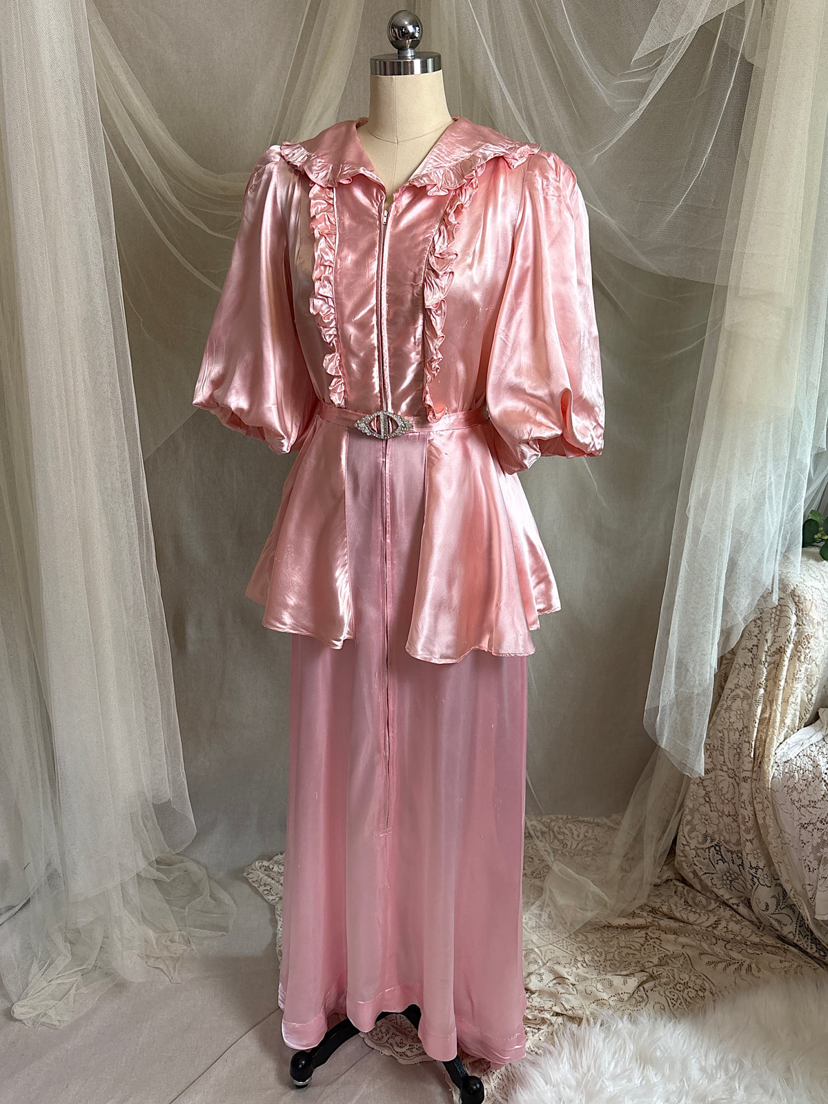 Vintage 1940’s-1950's Dressing Gown - Princess Pink Rayon Satin with Rhinestone Belt | S, M