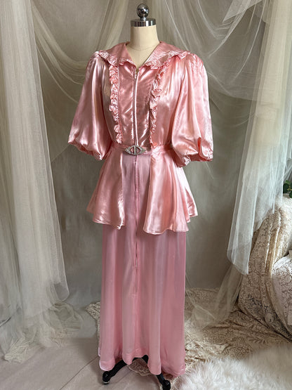 Vintage 1940’s-1950's Dressing Gown - Princess Pink Rayon Satin with Rhinestone Belt | S, M