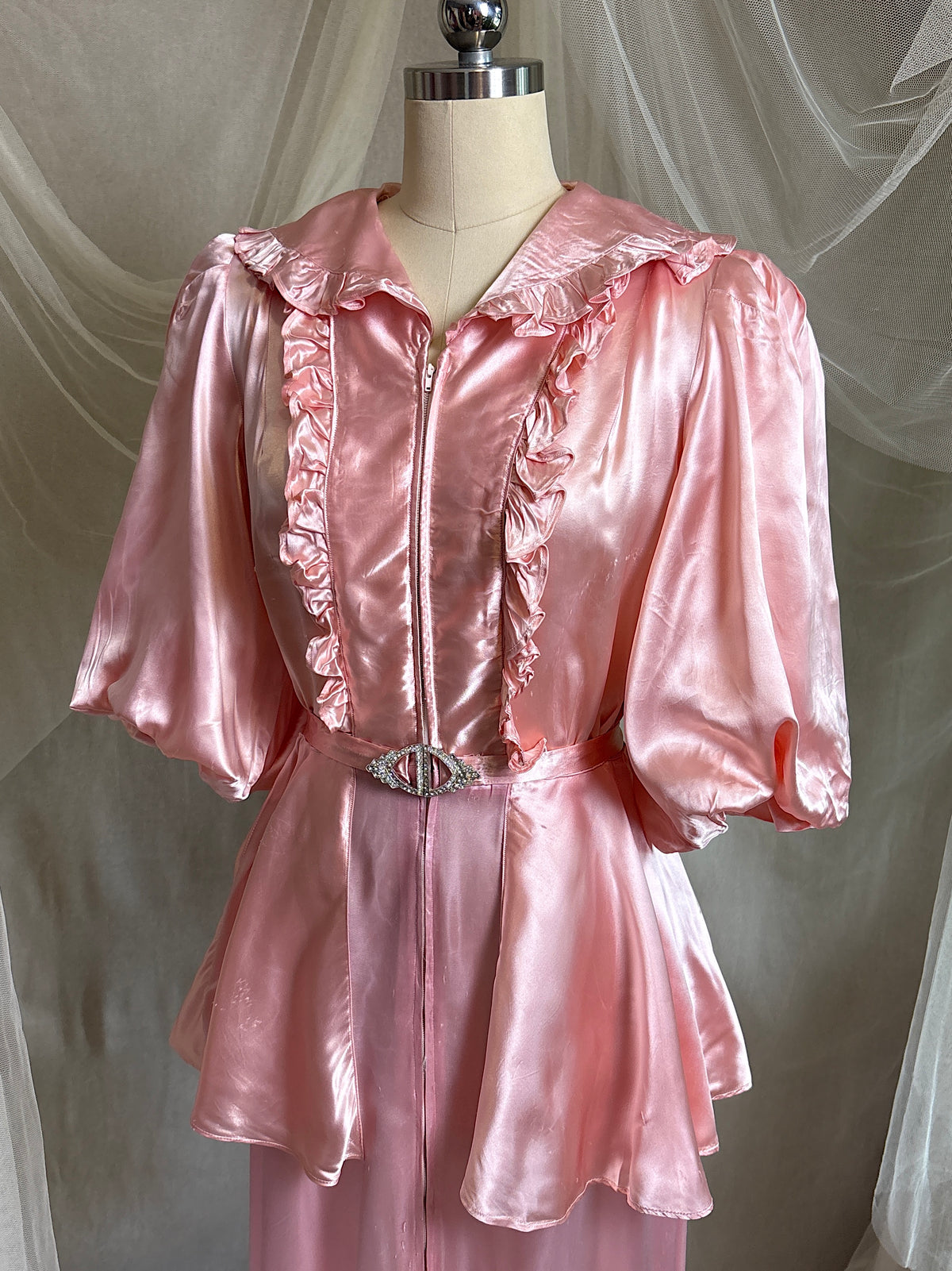 Vintage 1940’s-1950's Dressing Gown - Princess Pink Rayon Satin with Rhinestone Belt | S, M