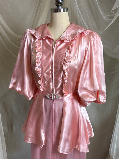 Vintage 1940’s-1950's Dressing Gown - Princess Pink Rayon Satin with Rhinestone Belt | S, M
