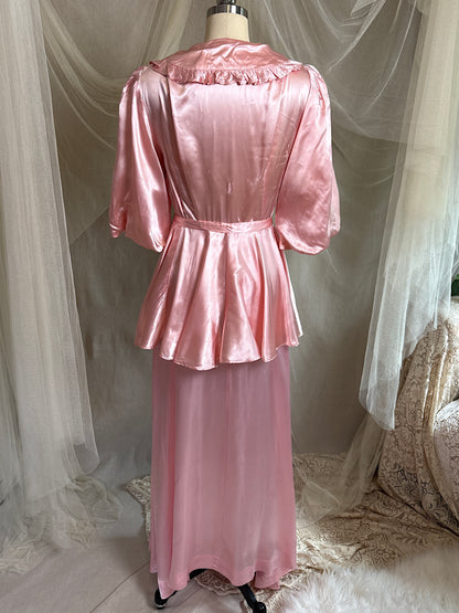 Vintage 1940’s-1950's Dressing Gown - Princess Pink Rayon Satin with Rhinestone Belt | S, M