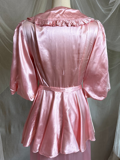 Vintage 1940’s-1950's Dressing Gown - Princess Pink Rayon Satin with Rhinestone Belt | S, M