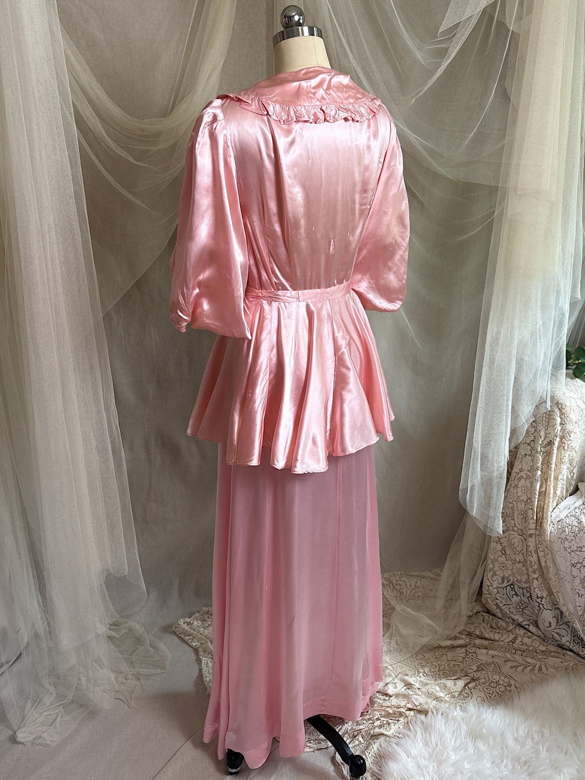 Vintage 1940’s-1950's Dressing Gown - Princess Pink Rayon Satin with Rhinestone Belt | S, M