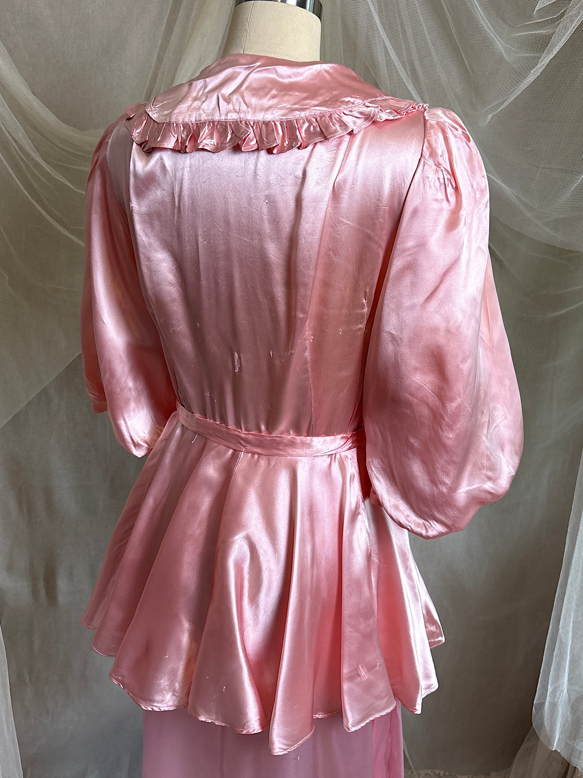 Vintage 1940’s-1950's Dressing Gown - Princess Pink Rayon Satin with Rhinestone Belt | S, M
