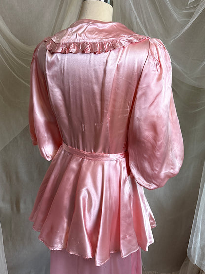 Vintage 1940’s-1950's Dressing Gown - Princess Pink Rayon Satin with Rhinestone Belt | S, M