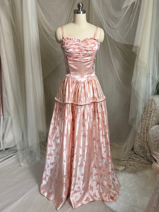 Vintage 1940's - 1950's Evening Gown - Ballet Pink Rayon Satin with Blush Velvet Flamenco Print | XS