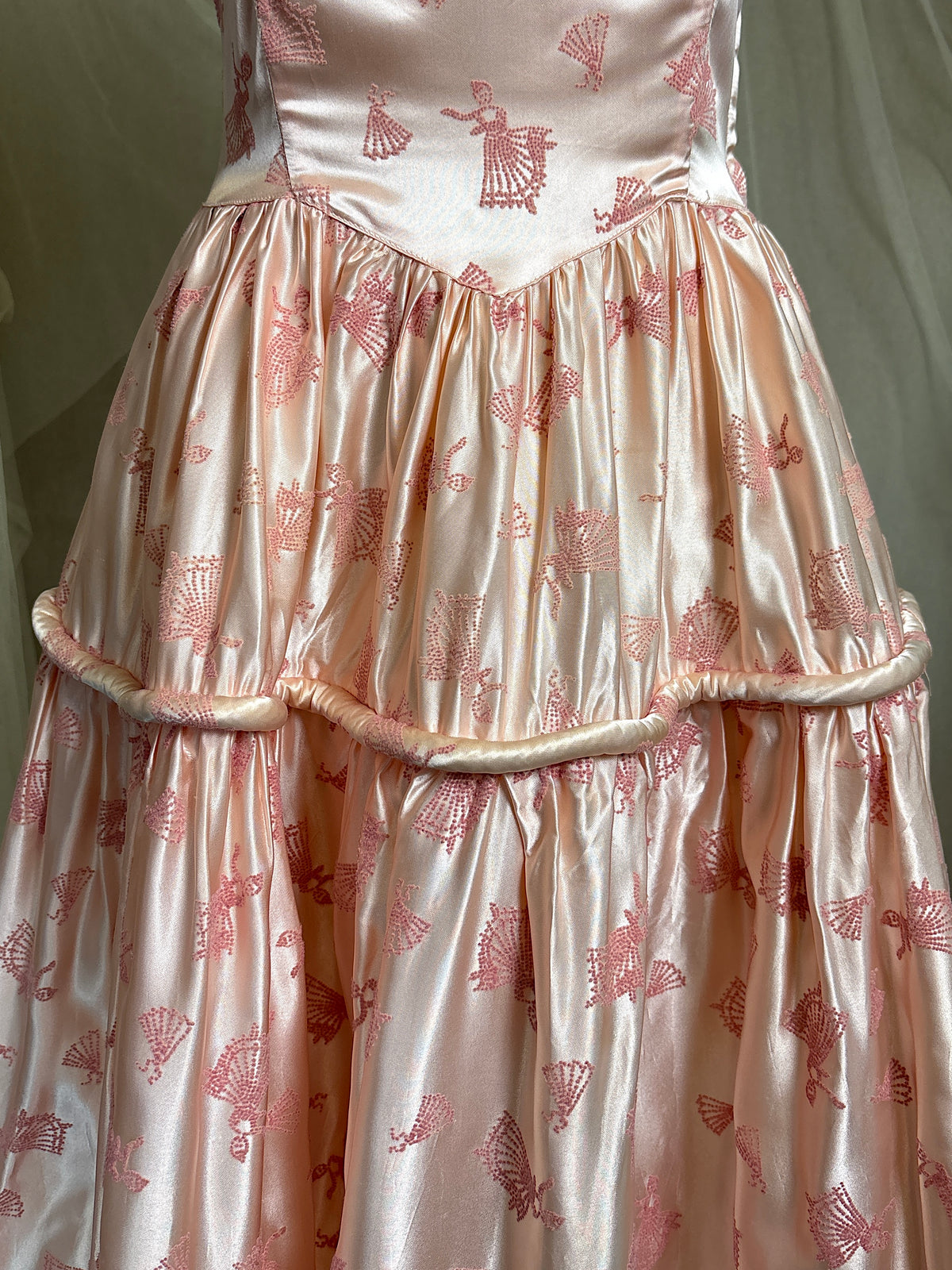 Vintage 1940's - 1950's Evening Gown - Ballet Pink Rayon Satin with Blush Velvet Flamenco Print | XS