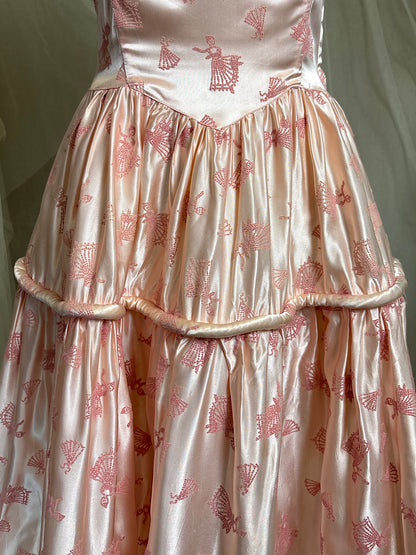 Vintage 1940's - 1950's Evening Gown - Ballet Pink Rayon Satin with Blush Velvet Flamenco Print | XS
