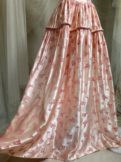 Vintage 1940's - 1950's Evening Gown - Ballet Pink Rayon Satin with Blush Velvet Flamenco Print | XS