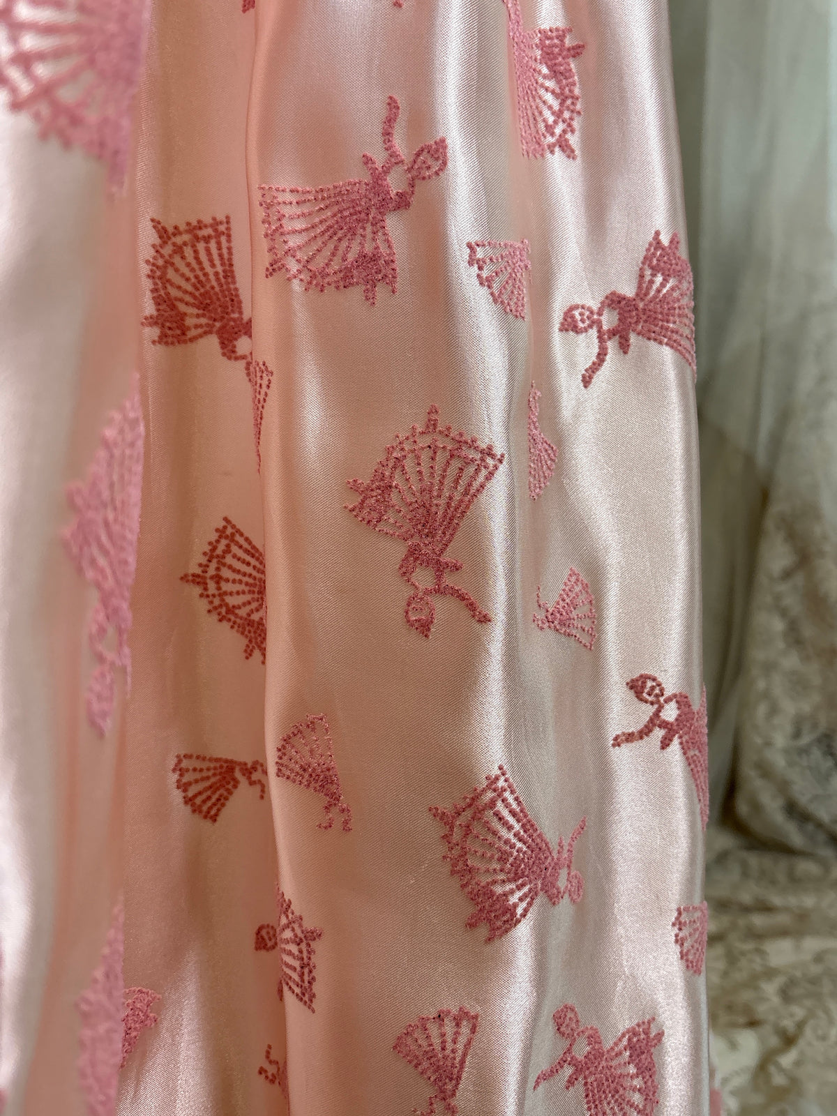 Vintage 1940's - 1950's Evening Gown - Ballet Pink Rayon Satin with Blush Velvet Flamenco Print | XS