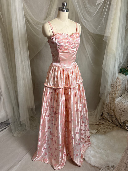Vintage 1940's - 1950's Evening Gown - Ballet Pink Rayon Satin with Blush Velvet Flamenco Print | XS