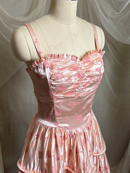 Vintage 1940's - 1950's Evening Gown - Ballet Pink Rayon Satin with Blush Velvet Flamenco Print | XS
