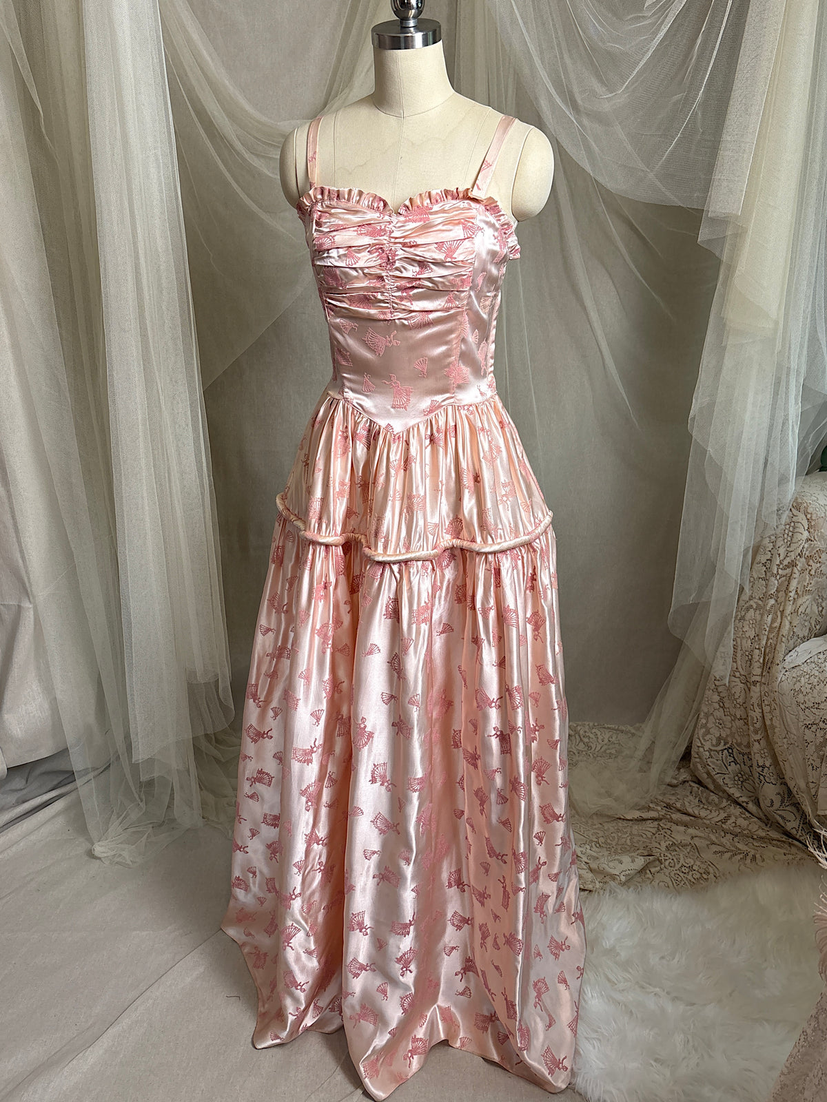 Vintage 1940's - 1950's Evening Gown - Ballet Pink Rayon Satin with Blush Velvet Flamenco Print | XS