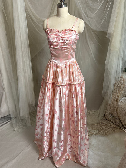 Vintage 1940's - 1950's Evening Gown - Ballet Pink Rayon Satin with Blush Velvet Flamenco Print | XS