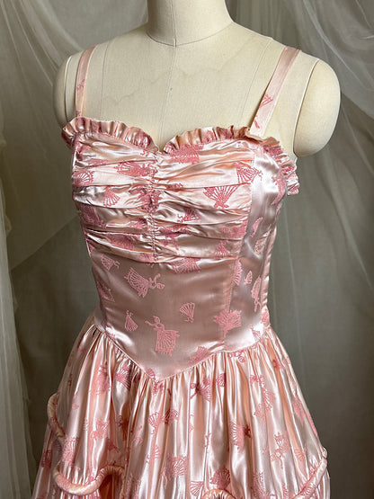 Vintage 1940's - 1950's Evening Gown - Ballet Pink Rayon Satin with Blush Velvet Flamenco Print | XS