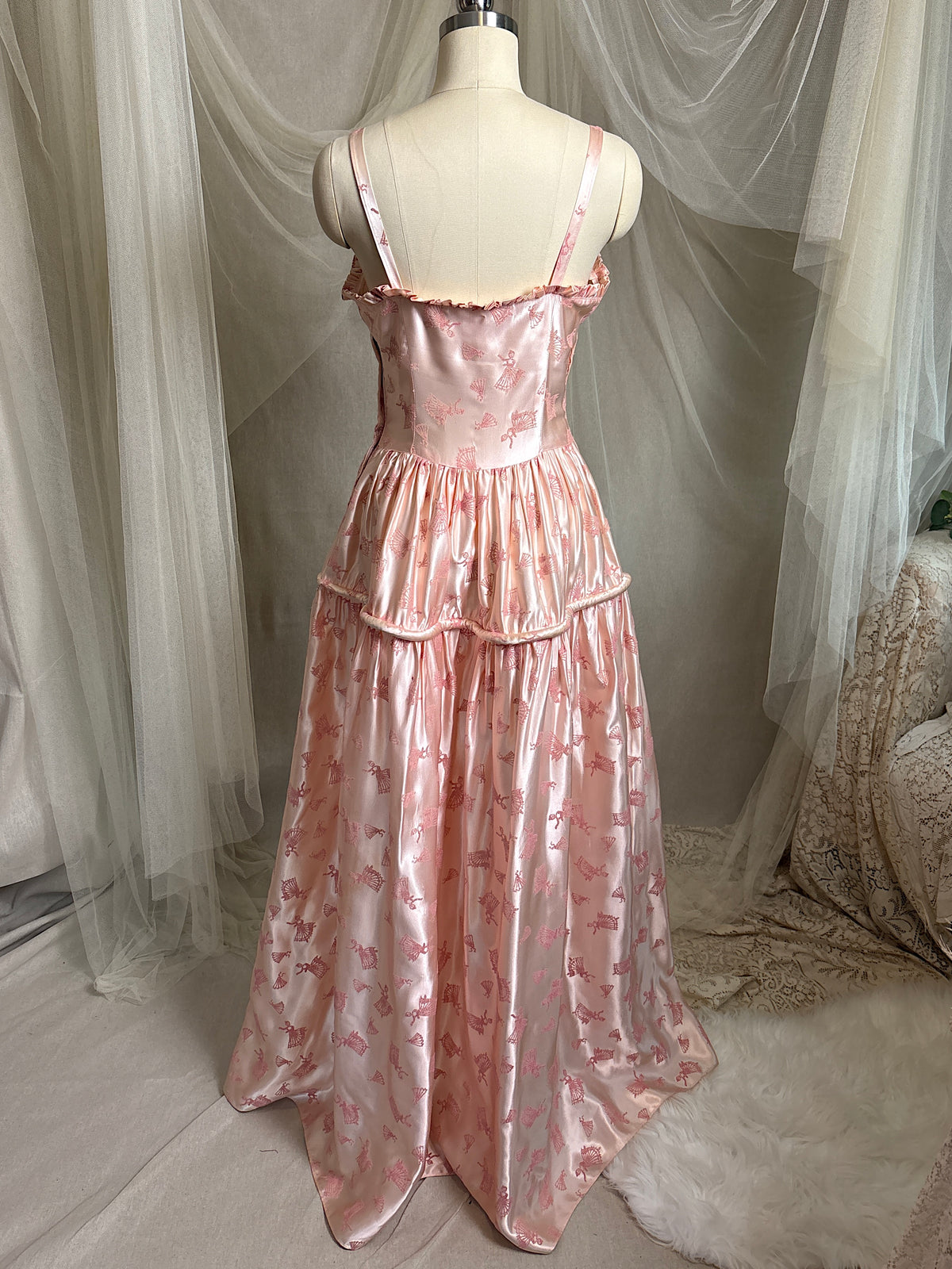 Vintage 1940's - 1950's Evening Gown - Ballet Pink Rayon Satin with Blush Velvet Flamenco Print | XS