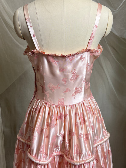 Vintage 1940's - 1950's Evening Gown - Ballet Pink Rayon Satin with Blush Velvet Flamenco Print | XS