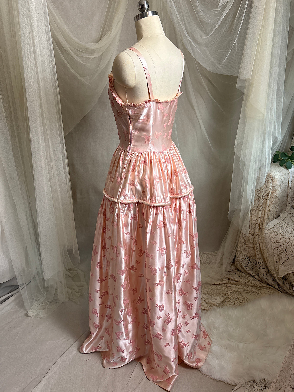 Vintage 1940's - 1950's Evening Gown - Ballet Pink Rayon Satin with Blush Velvet Flamenco Print | XS