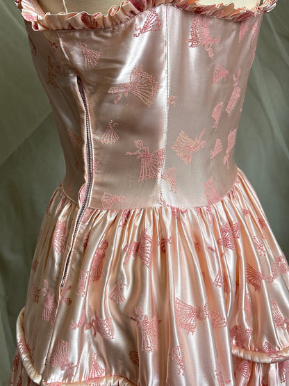 Vintage 1940's - 1950's Evening Gown - Ballet Pink Rayon Satin with Blush Velvet Flamenco Print | XS