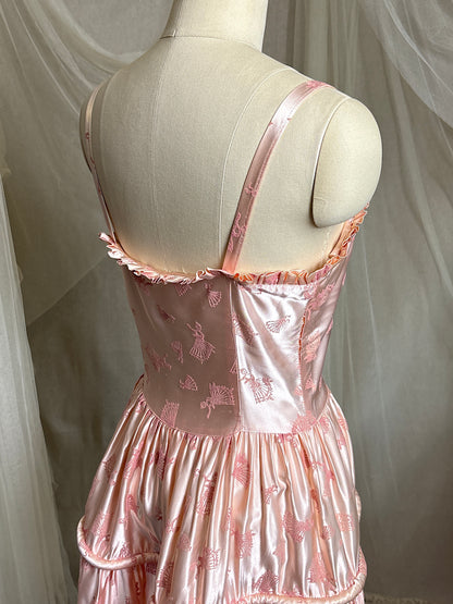 Vintage 1940's - 1950's Evening Gown - Ballet Pink Rayon Satin with Blush Velvet Flamenco Print | XS