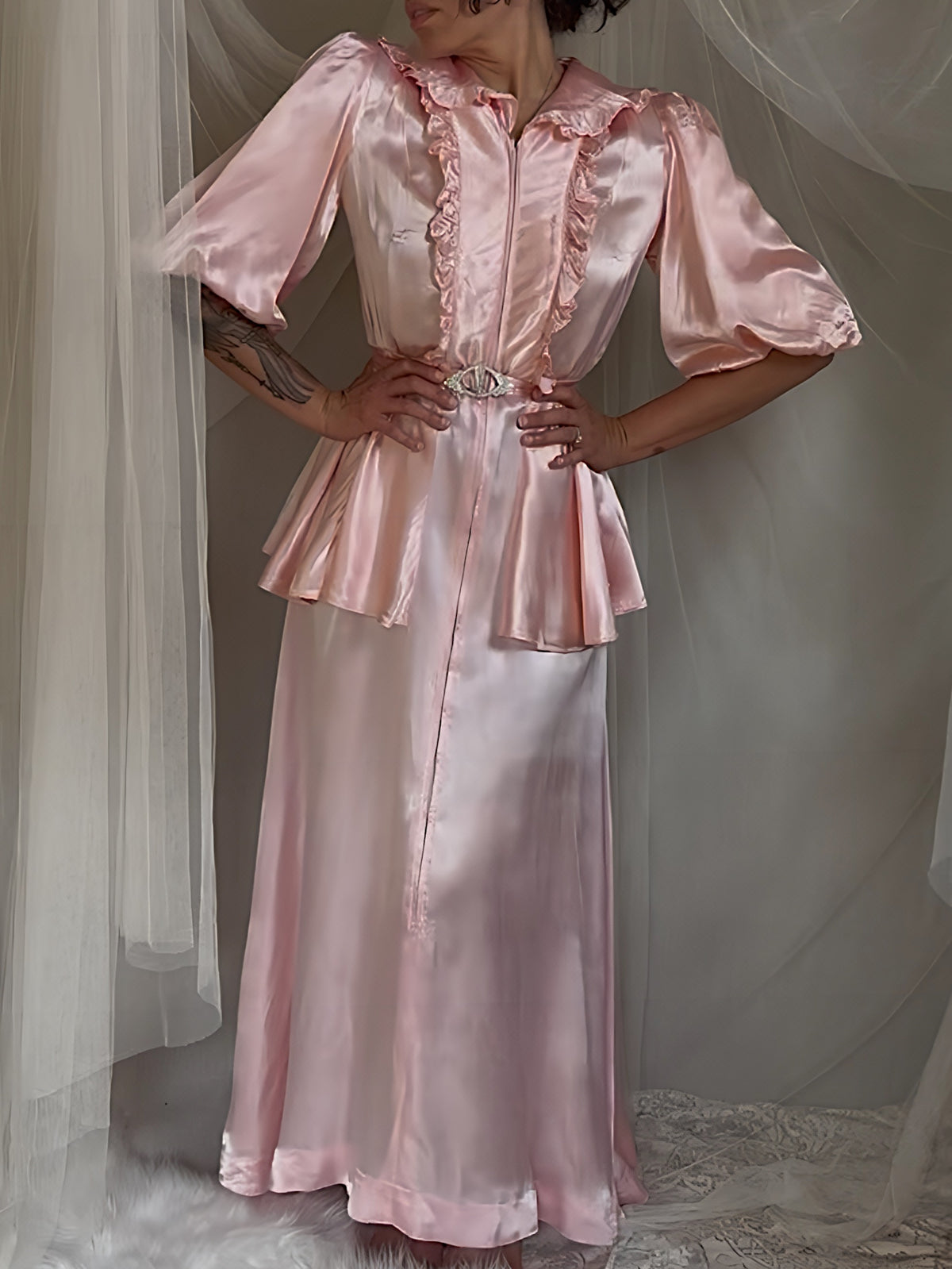 Vintage 1940’s-1950's Dressing Gown - Princess Pink Rayon Satin with Rhinestone Belt | S, M