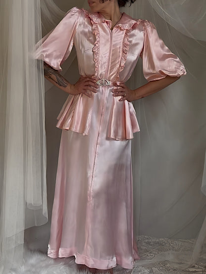 Vintage 1940’s-1950's Dressing Gown - Princess Pink Rayon Satin with Rhinestone Belt | S, M