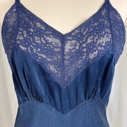 Vintage 1930's-1940's Deep Indigo blue Silk Satin Slip with Cotton Lace by Fischer's Heavenly, Size S, M