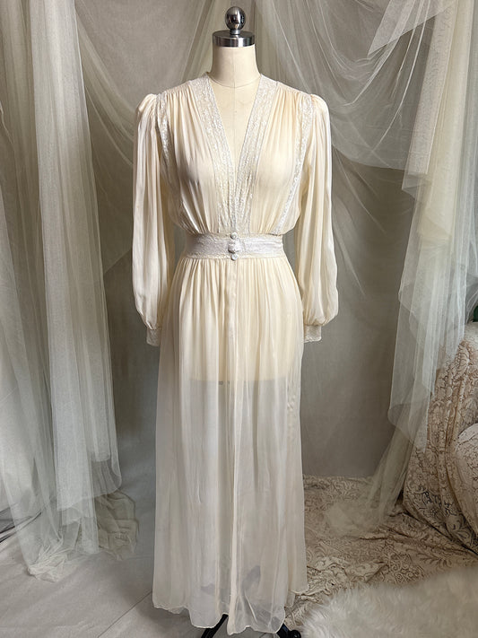 Vintage 1930's - 1940's Dressing Gown - Sheer Ivory Silk Crepe with Cotton Lace by Twynsette | XXS