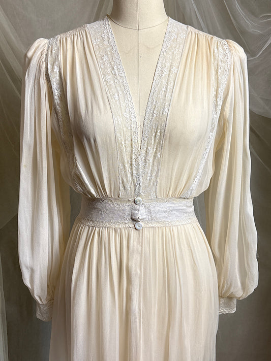 Vintage 1930's - 1940's Dressing Gown - Sheer Ivory Silk Crepe with Cotton Lace by Twynsette | XXS
