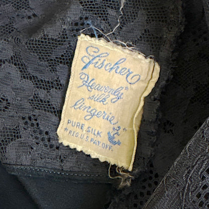 Vintage 1930's-1940's Deep Indigo blue Silk Satin Slip with Cotton Lace by Fischer's Heavenly, Size S, M