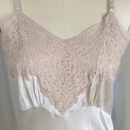 Vintage 1940's Golden Taupe Silk Satin Slip with Cotton Lace by Lady Lynn, Size M, LG