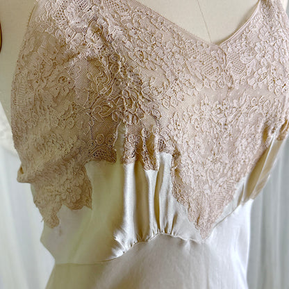 Vintage 1940's Golden Taupe Silk Satin Slip with Cotton Lace by Lady Lynn, Size M, LG