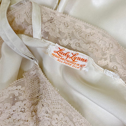 Vintage 1940's Golden Taupe Silk Satin Slip with Cotton Lace by Lady Lynn, Size M, LG