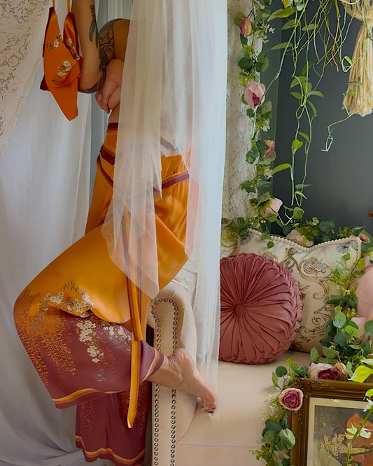 Antique 1920's Orange & Burgundy Silk Japanese Kimono Style Palazzo Lounge Pants with Matching Satchel, size S, M