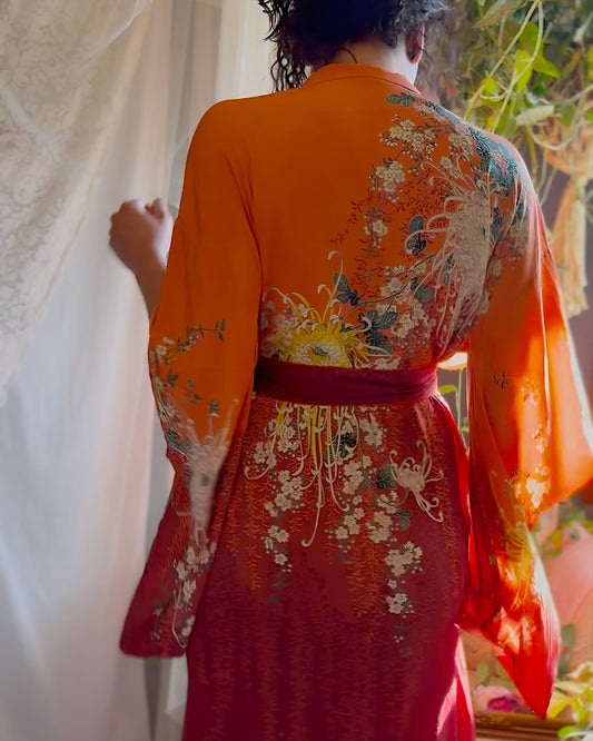 Antique 1920's Orange & Burgundy Floral Print Silk Japanese Kimono Robe, size Free