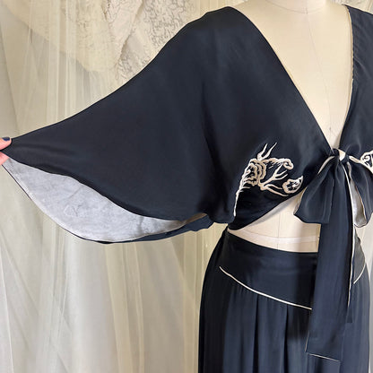 Antique 1920's Black & White Kimono Silk Lounge Set with Dragon Embroidery, size S, M