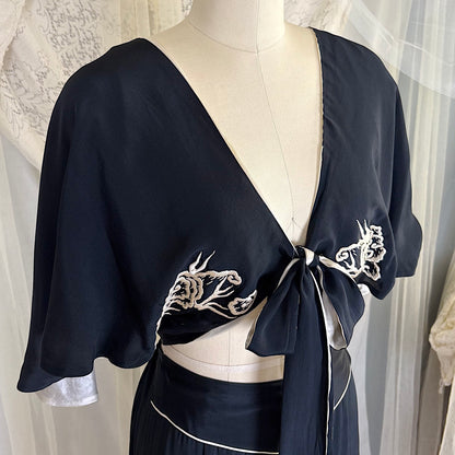 Antique 1920's Black & White Kimono Silk Lounge Set with Dragon Embroidery, size S, M