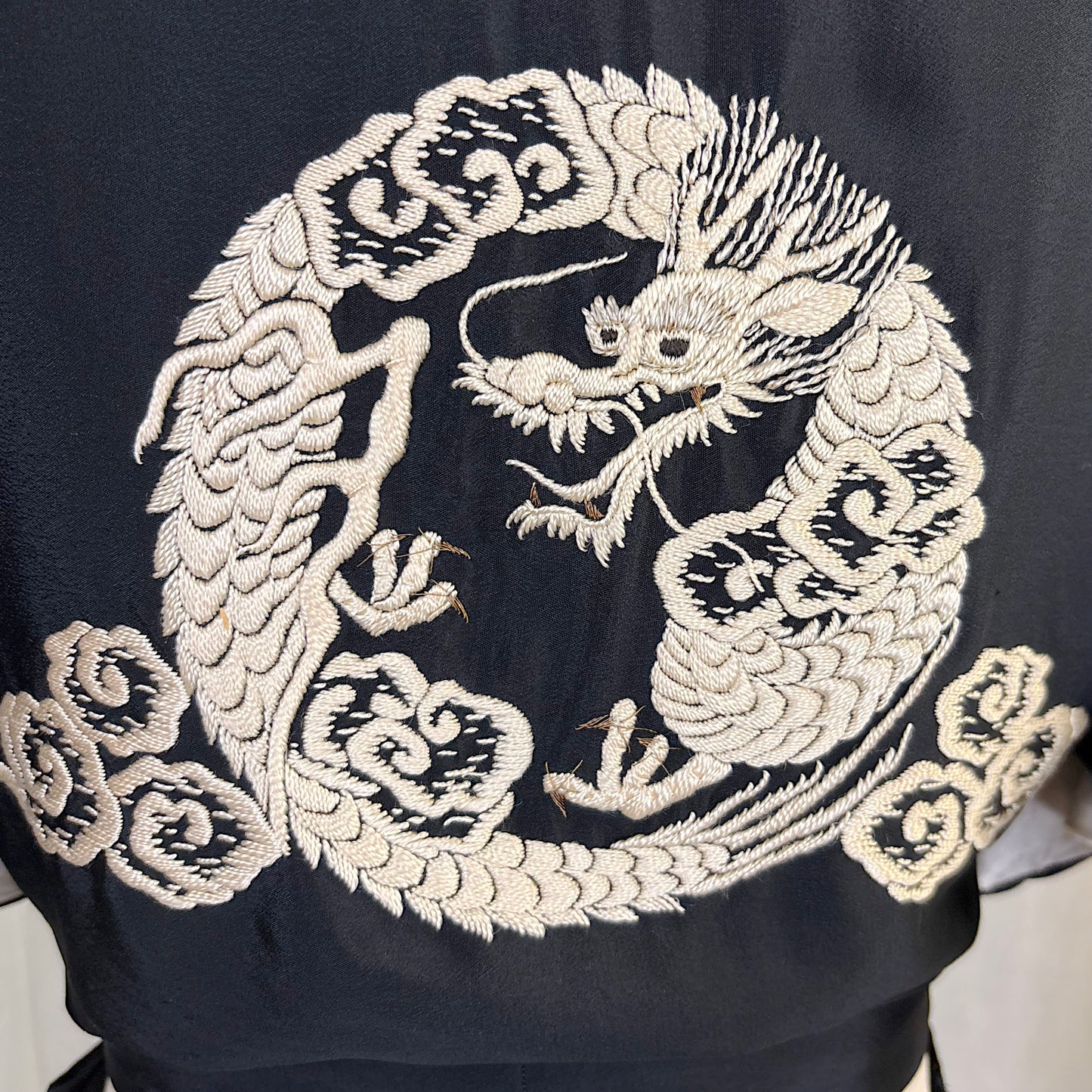 Antique 1920's Black & White Kimono Silk Lounge Set with Dragon Embroidery, size S, M