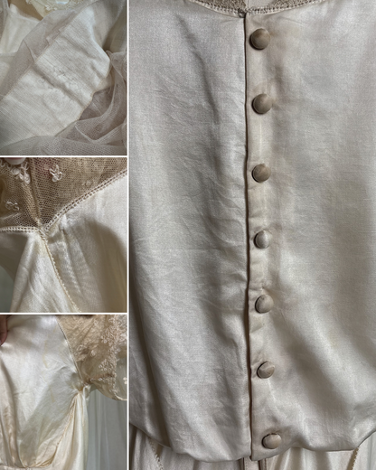 Antique 1920's Bridal Gown - Ivory Silk Satin with Cotton Tulle Lining & Ruffled Lace by Lyman's of Rochester | M