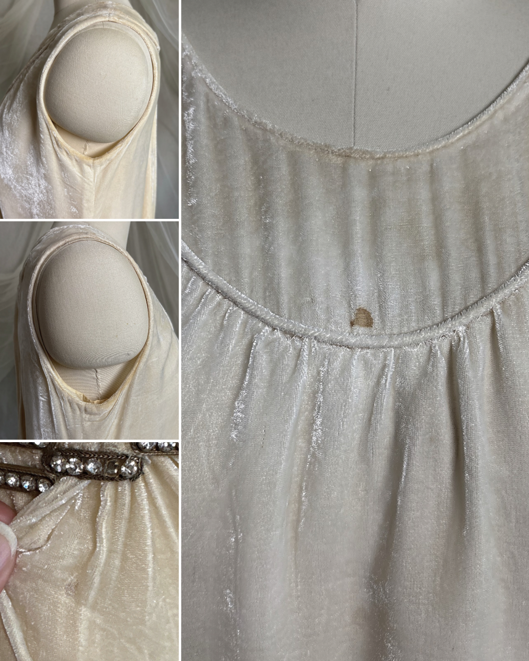 Antique 1920's Dress - Warm Ivory Silk Velvet with Rhinestone Embellishment & Sash Neckline | XS