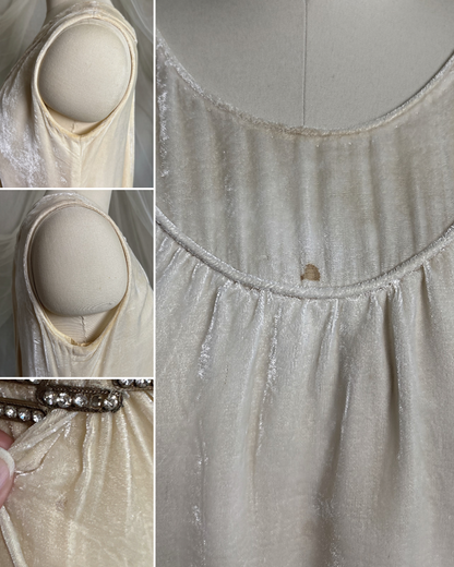 Antique 1920's Dress - Warm Ivory Silk Velvet with Rhinestone Embellishment & Sash Neckline | XS