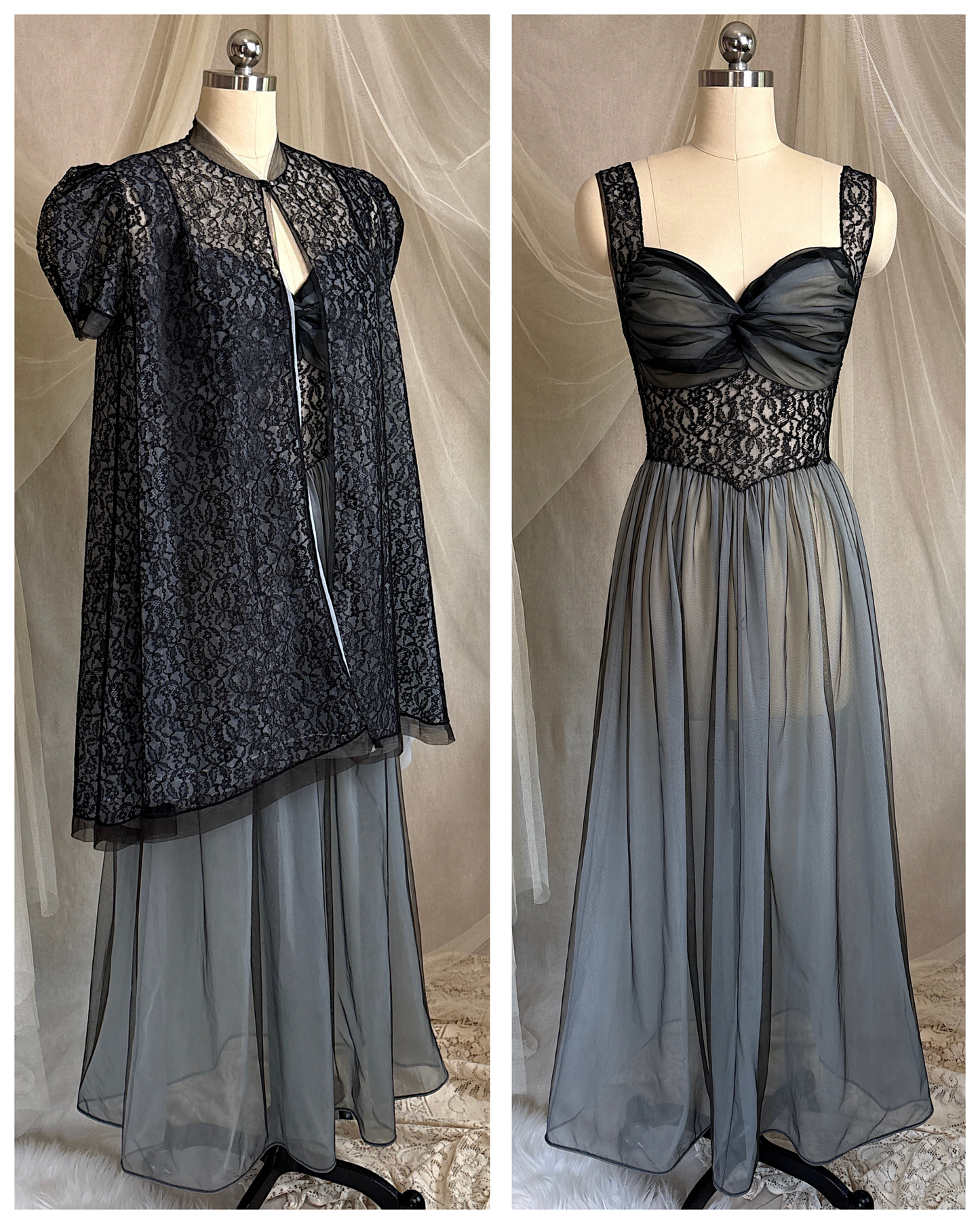 Vintage 1950's Nightgown & Peignoir Set - Icy Blue Nylon Chiffon with Black Lace Overlay by Rogers | XS