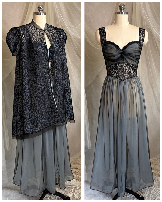 Vintage 1950's Nightgown & Peignoir Set - Icy Blue Nylon Chiffon with Black Lace Overlay by Rogers | XS