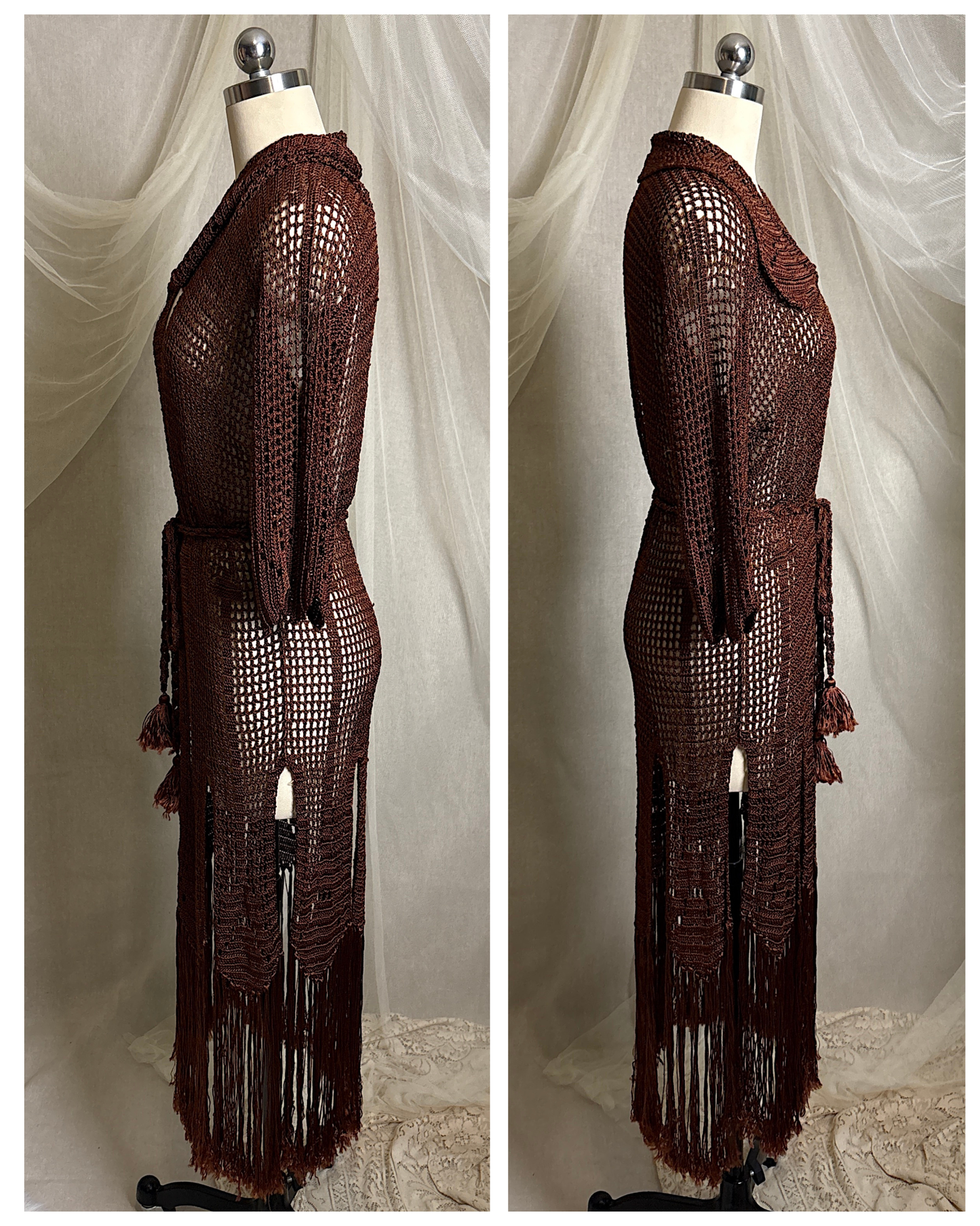 Vintage 1920's - 1930's Duster - Deep Mocha Brown Rayon Crochet with Arrow Pattern & Fringe Hem | XS, S, M