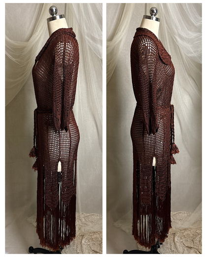 Vintage 1920's - 1930's Duster - Deep Mocha Brown Rayon Crochet with Arrow Pattern & Fringe Hem | XS, S, M