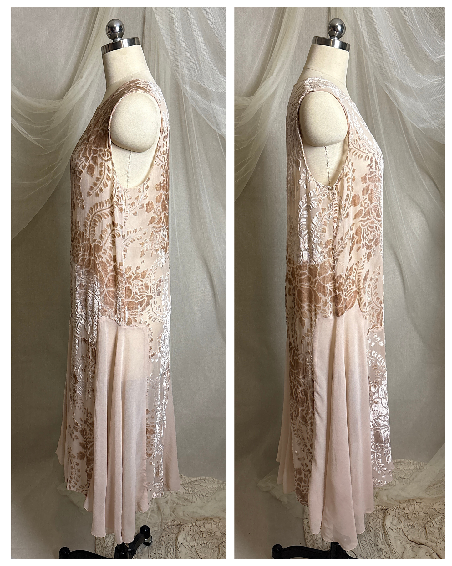Antique 1920's Dress - Pale Mauve Pink Silk Devoré Velvet With Chiffon Gores | S, M