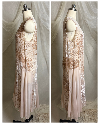 Antique 1920's Dress - Pale Mauve Pink Silk Devoré Velvet With Chiffon Gores | S, M