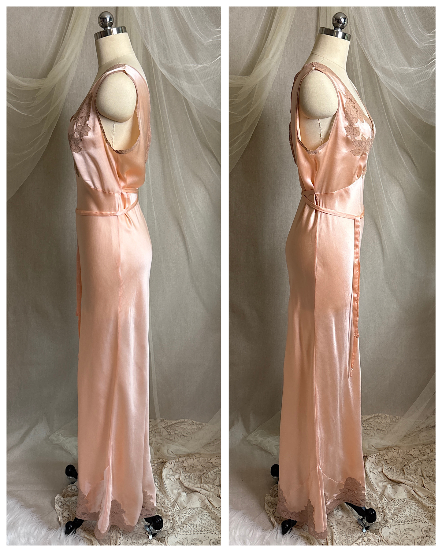 Vintage 1930's Nightgown - Rich Rose Pink Silk Satin with Warm Nude Lace Appliqués | M, LG